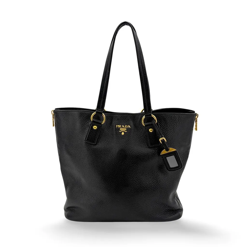 Prada Vitello Phenix Tote Bag Black Gold Hardware Black Leather Good - Front View