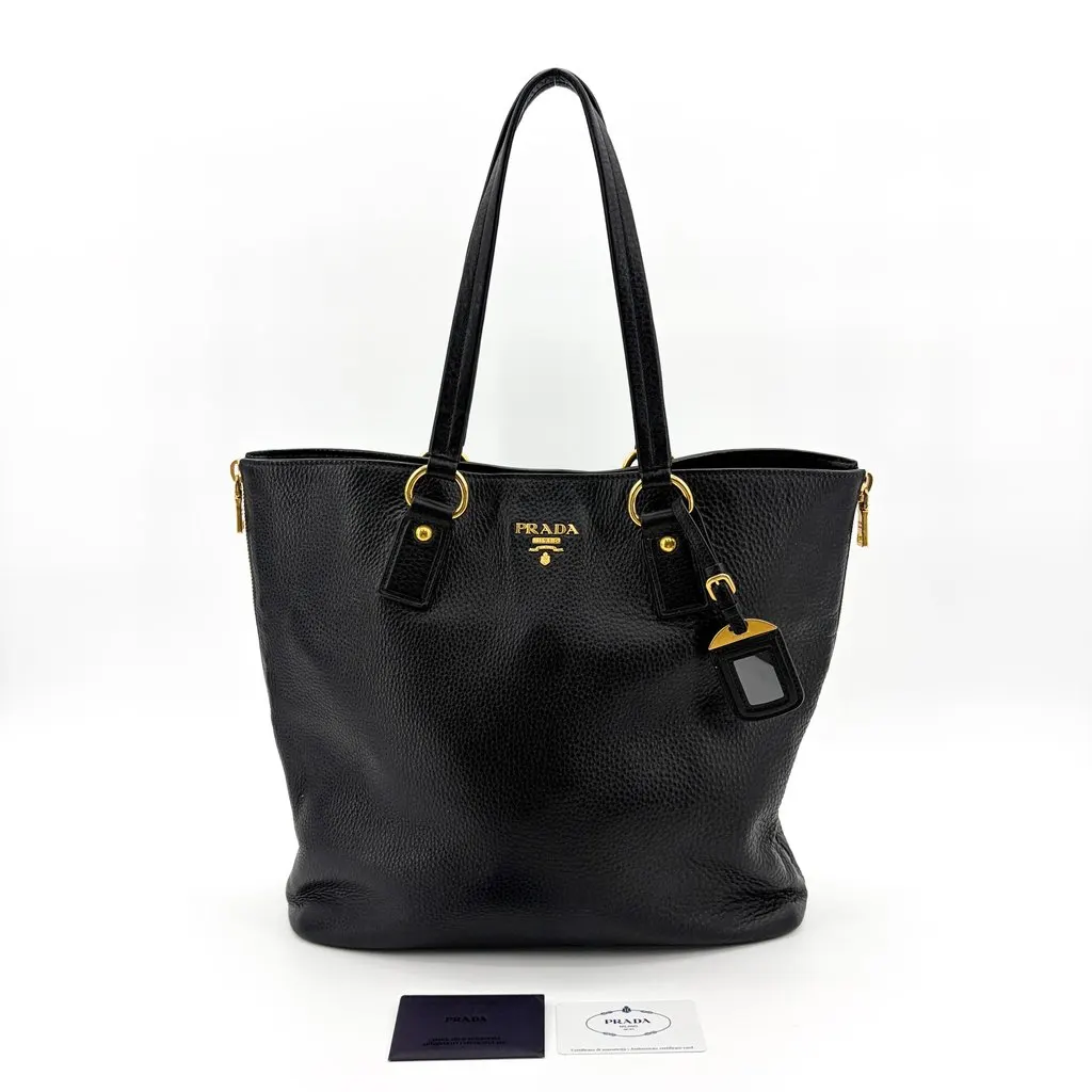 Prada Vitello Phenix Tote Bag Black Gold Hardware Black Leather Good - Back View