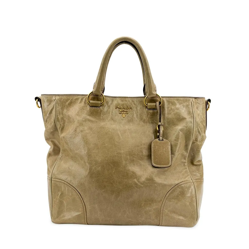 Prada Vitello Shine Tote Bag Khaki Brown Leather Fair - Front View