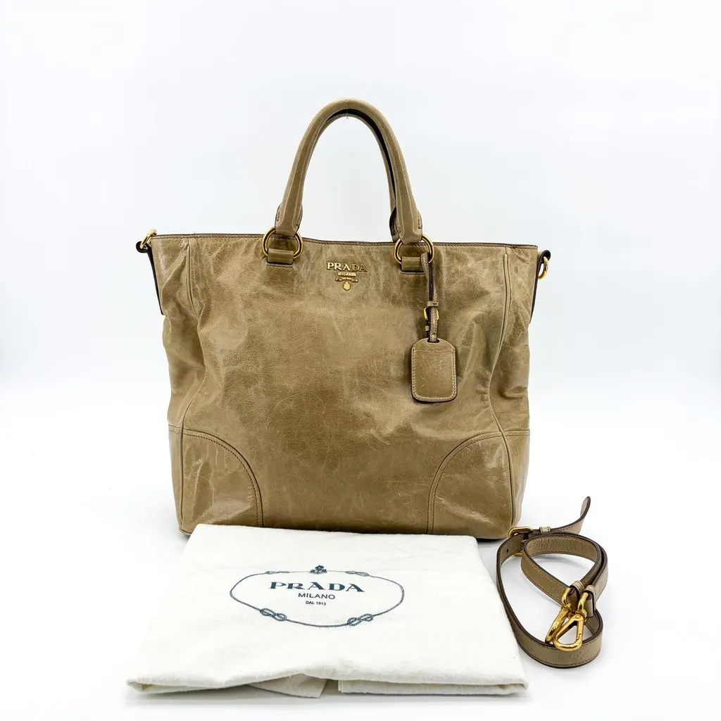 Prada Vitello Shine Tote Bag Khaki Brown Leather Fair - Back View
