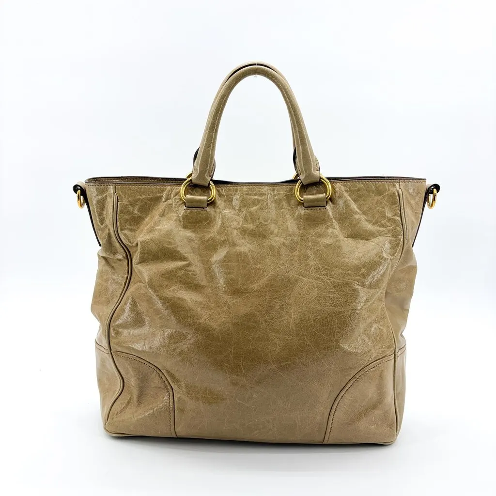 Prada Vitello Shine Tote Bag Khaki Brown Leather Fair - Inside View