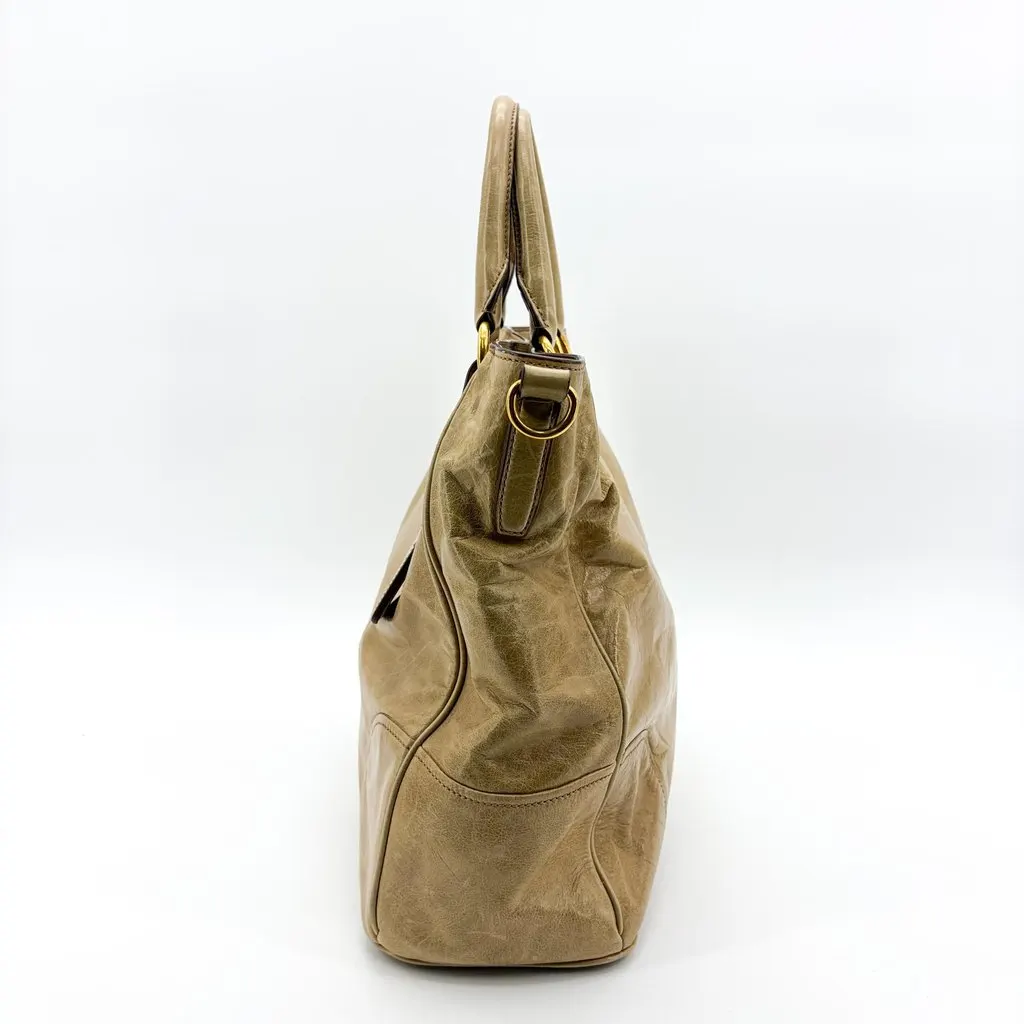 Prada Vitello Shine Tote Bag Khaki Brown Leather Fair - Model View