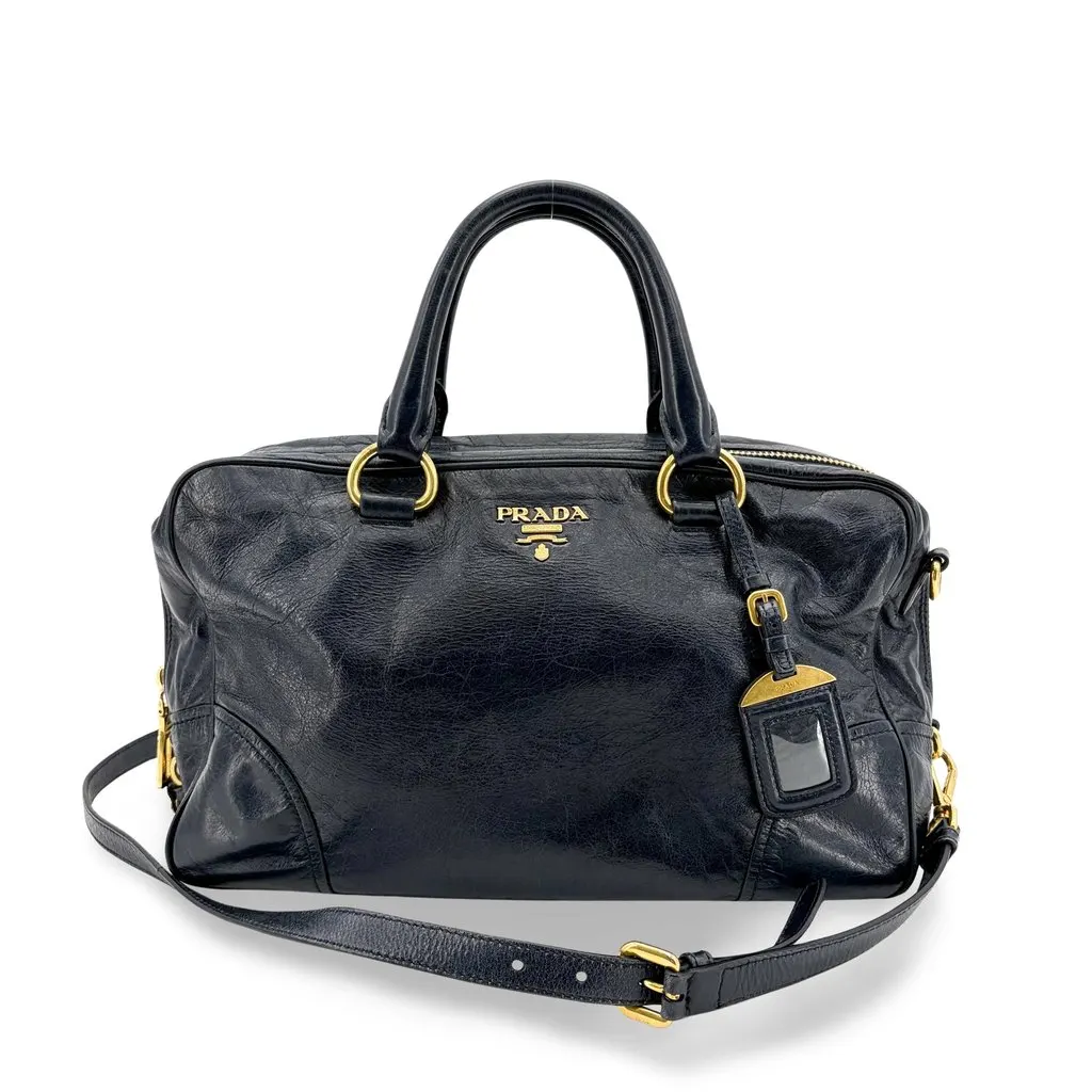 Prada Vitello Shine Boston Bag Navy Gold Hardware Gold Leather Good - Front View