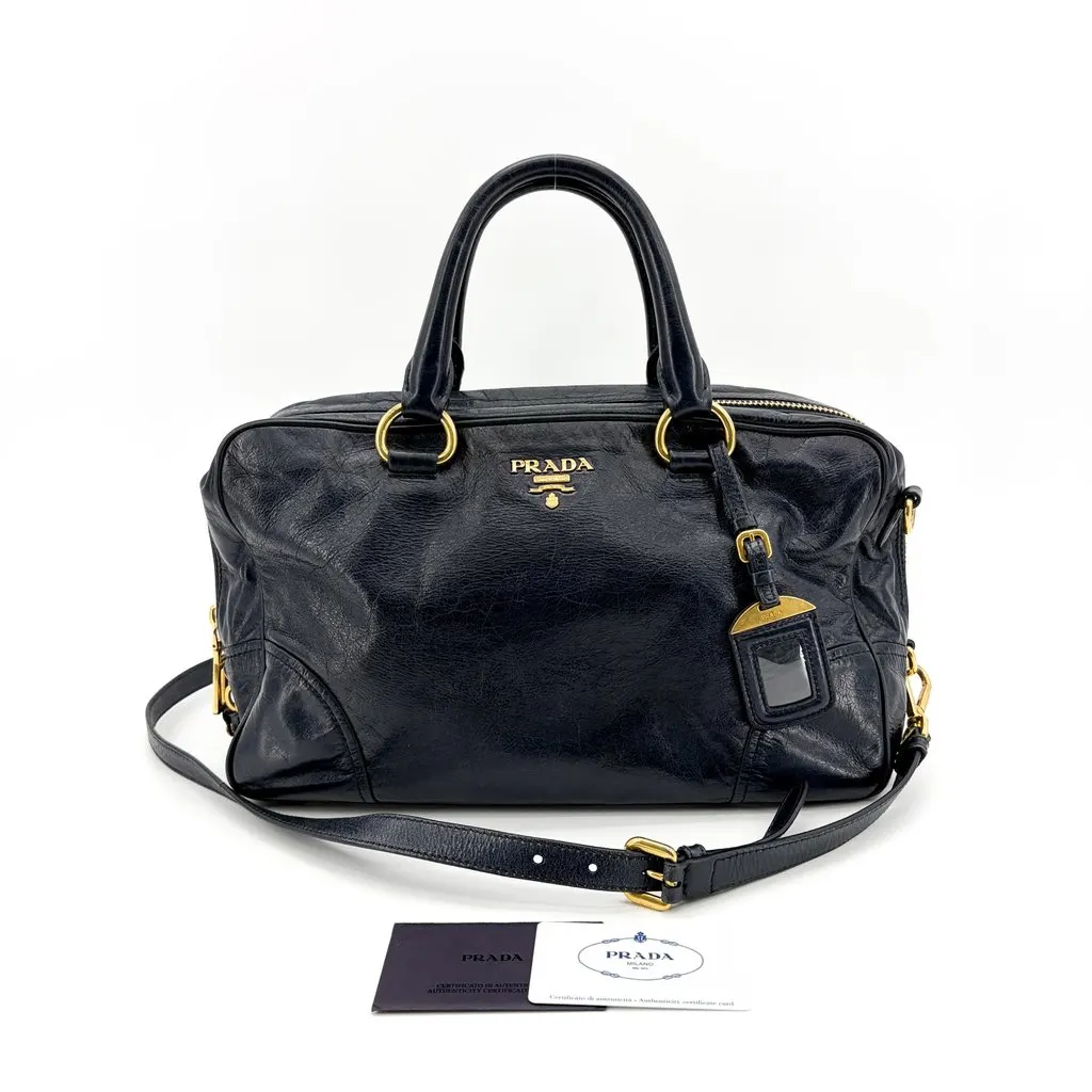 Prada Vitello Shine Boston Bag Navy Gold Hardware Gold Leather Good - Back View