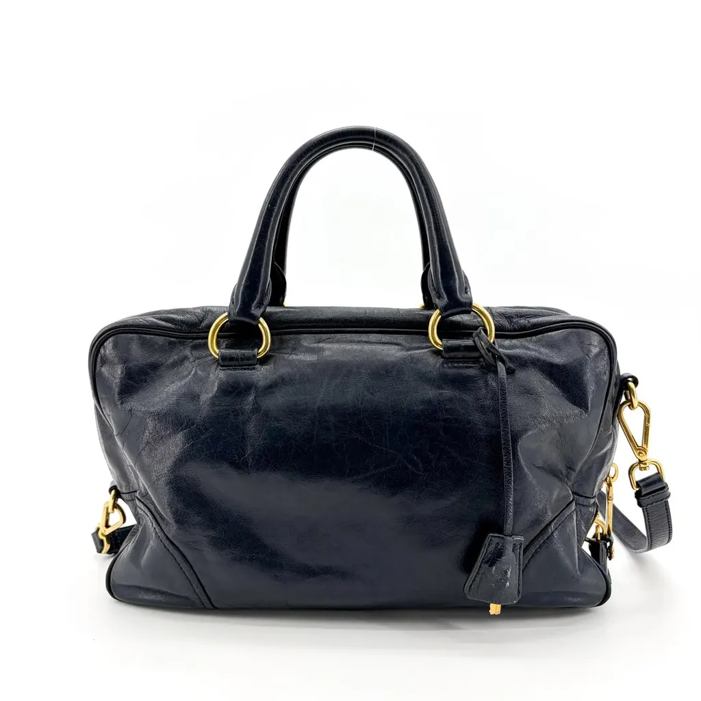 Prada Vitello Shine Boston Bag Navy Gold Hardware Gold Leather Good - Inside View