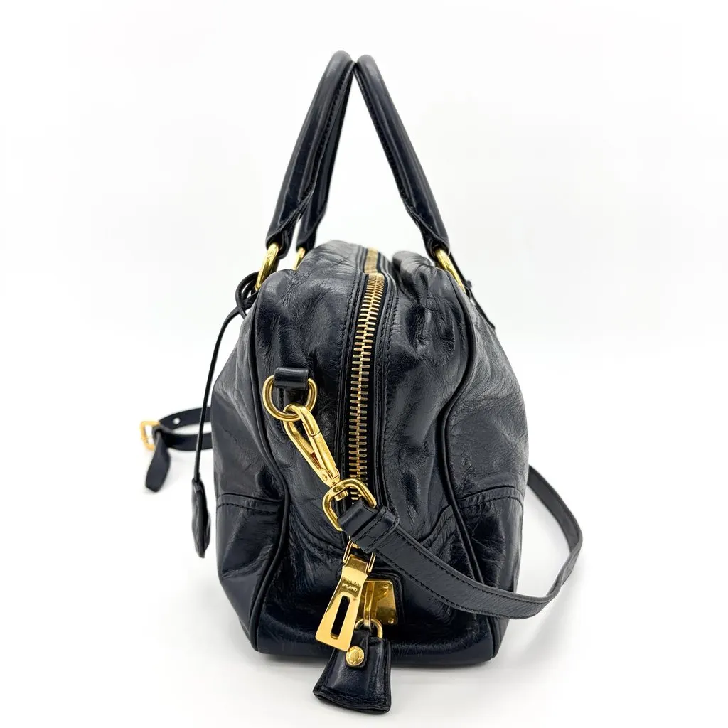Prada Vitello Shine Boston Bag Navy Gold Hardware Gold Leather Good - Box View