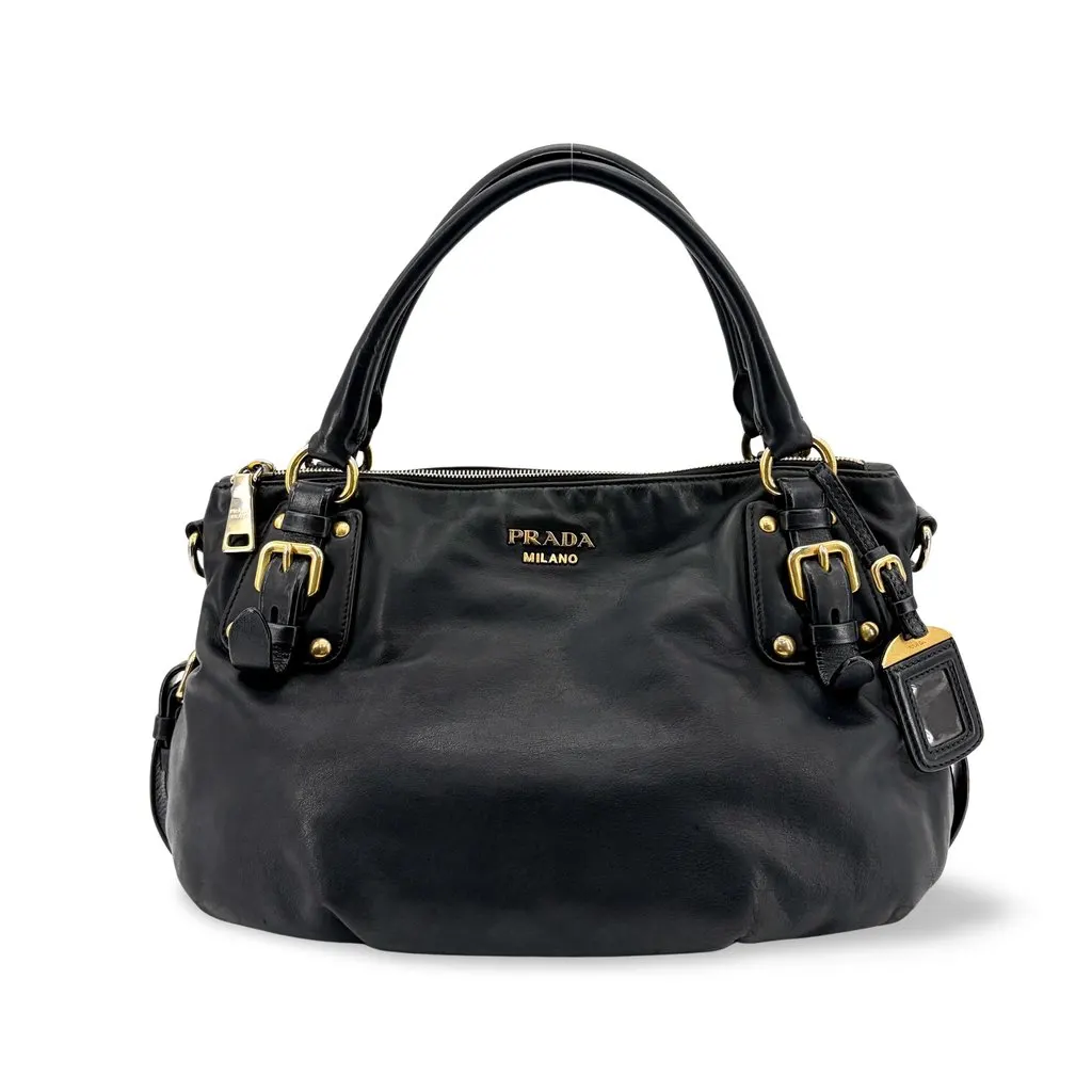 Prada Vitello Phoenix Black Gold Buckle Top Handle Bag Black Leather Good - Front View