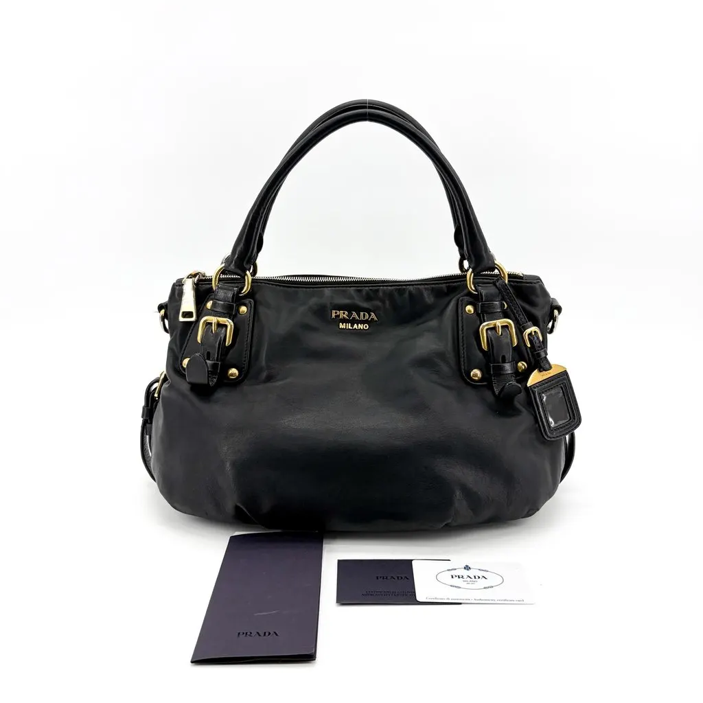 Prada Vitello Phoenix Black Gold Buckle Top Handle Bag Black Leather Good - Back View