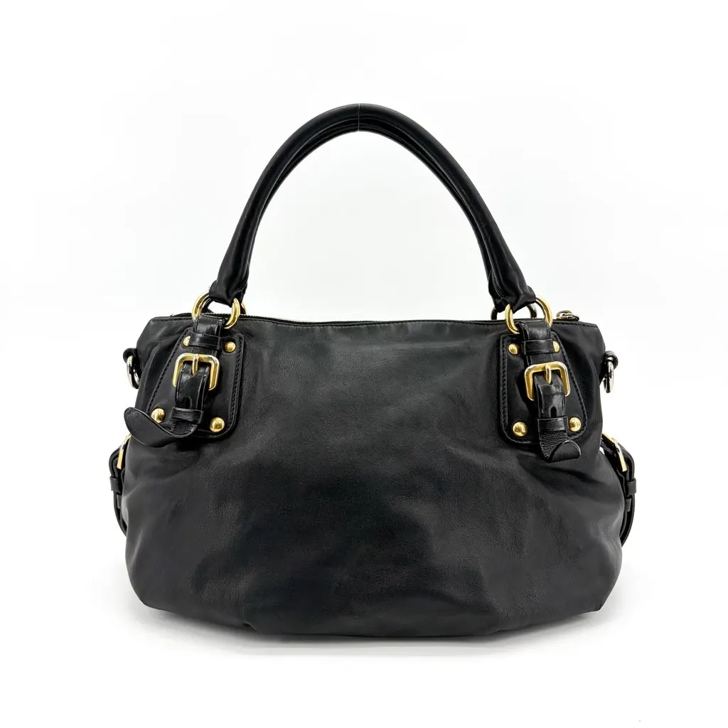 Prada Vitello Phoenix Black Gold Buckle Top Handle Bag Black Leather Good - Inside View