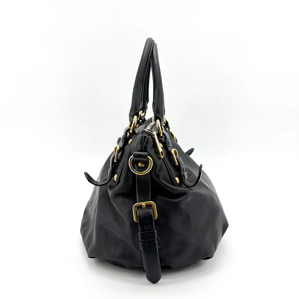Prada Vitello Phoenix Black Gold Buckle Top Handle Bag Black Leather Good - Box View
