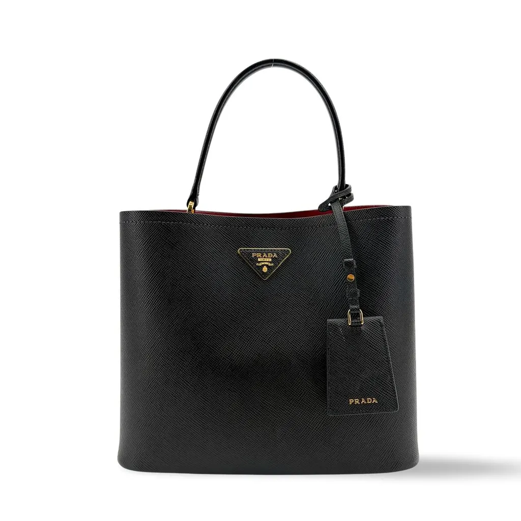 Prada Panier Saffiano Leather Medium Bag Black Black Leather Very good - Front View