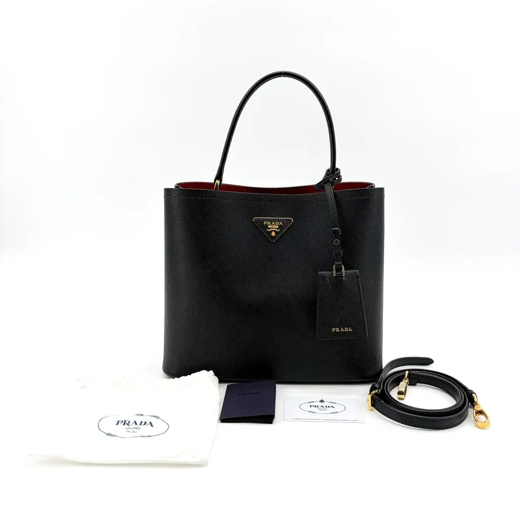 Prada Panier Saffiano Leather Medium Bag Black Black Leather Very good - Back View