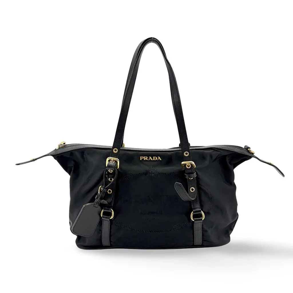 Prada Tessuto Nylon Saffiano Trimmed Shopper Bag Black Gold Hardware Black Polyamide Good - Front View