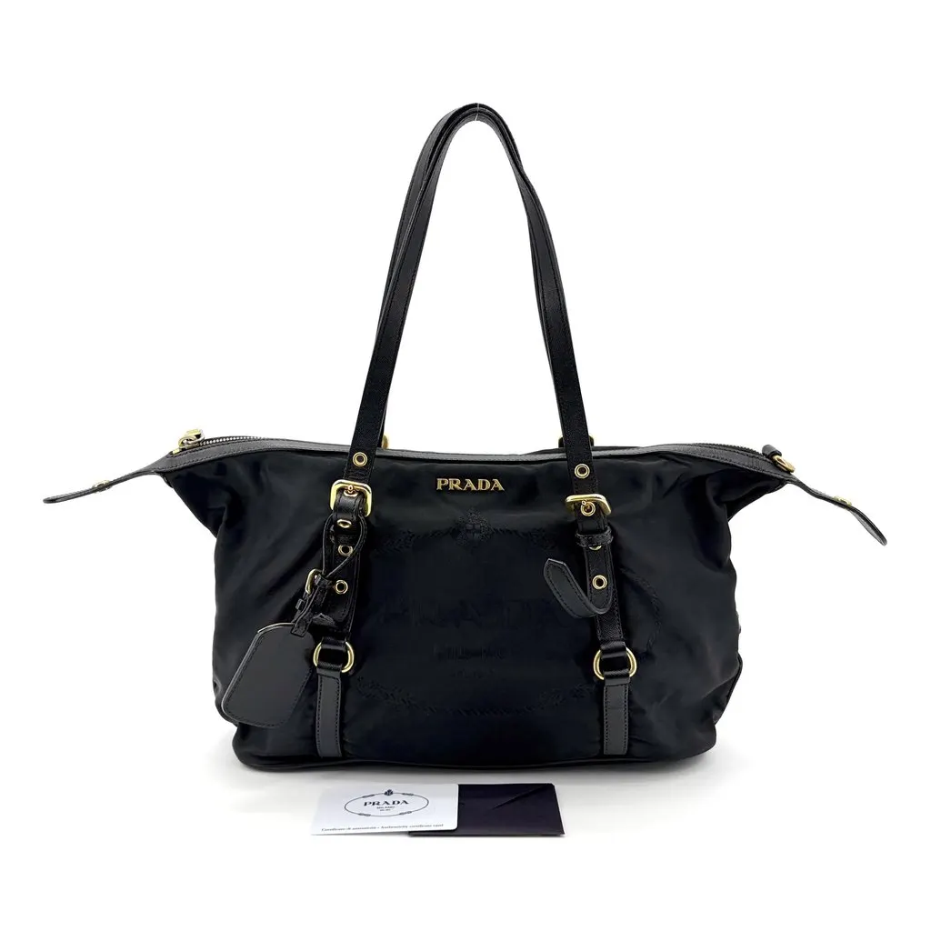 Prada Tessuto Nylon Saffiano Trimmed Shopper Bag Black Gold Hardware Black Polyamide Good - Back View