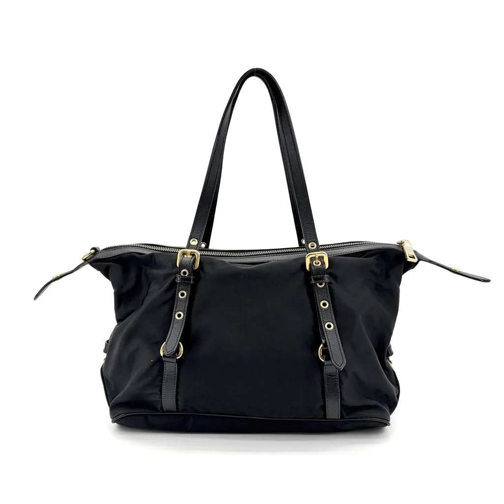 Prada Tessuto Nylon Saffiano Trimmed Shopper Bag Black Gold Hardware Black Polyamide Good - Inside View