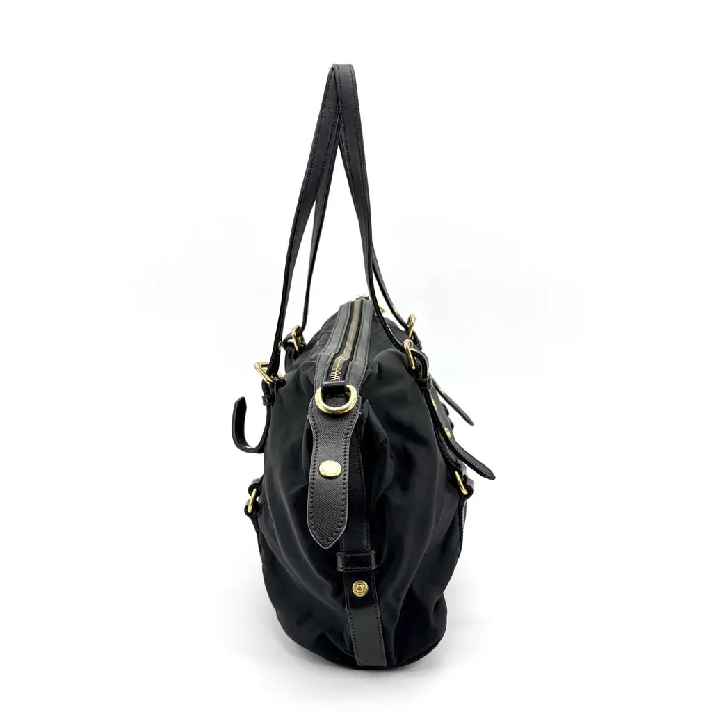 Prada Tessuto Nylon Saffiano Trimmed Shopper Bag Black Gold Hardware Black Polyamide Good - Model View