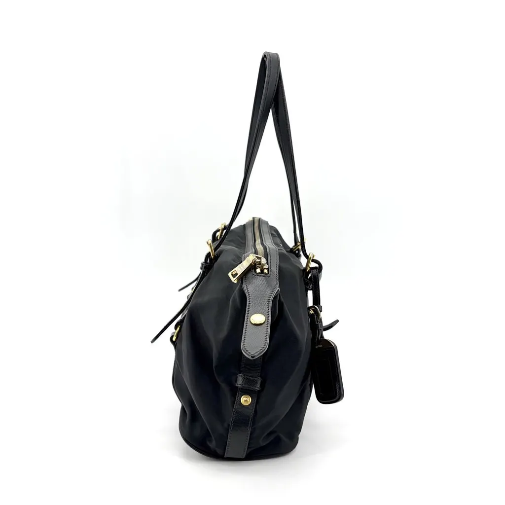 Prada Tessuto Nylon Saffiano Trimmed Shopper Bag Black Gold Hardware Black Polyamide Good - Box View