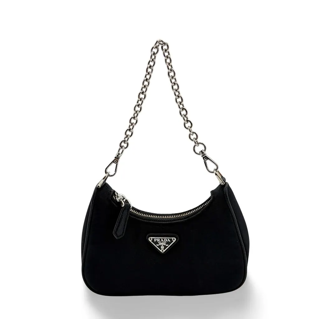 Prada Re-edition Nylon Mini Crossbody Bag Black Black Polyamide Good - Front View