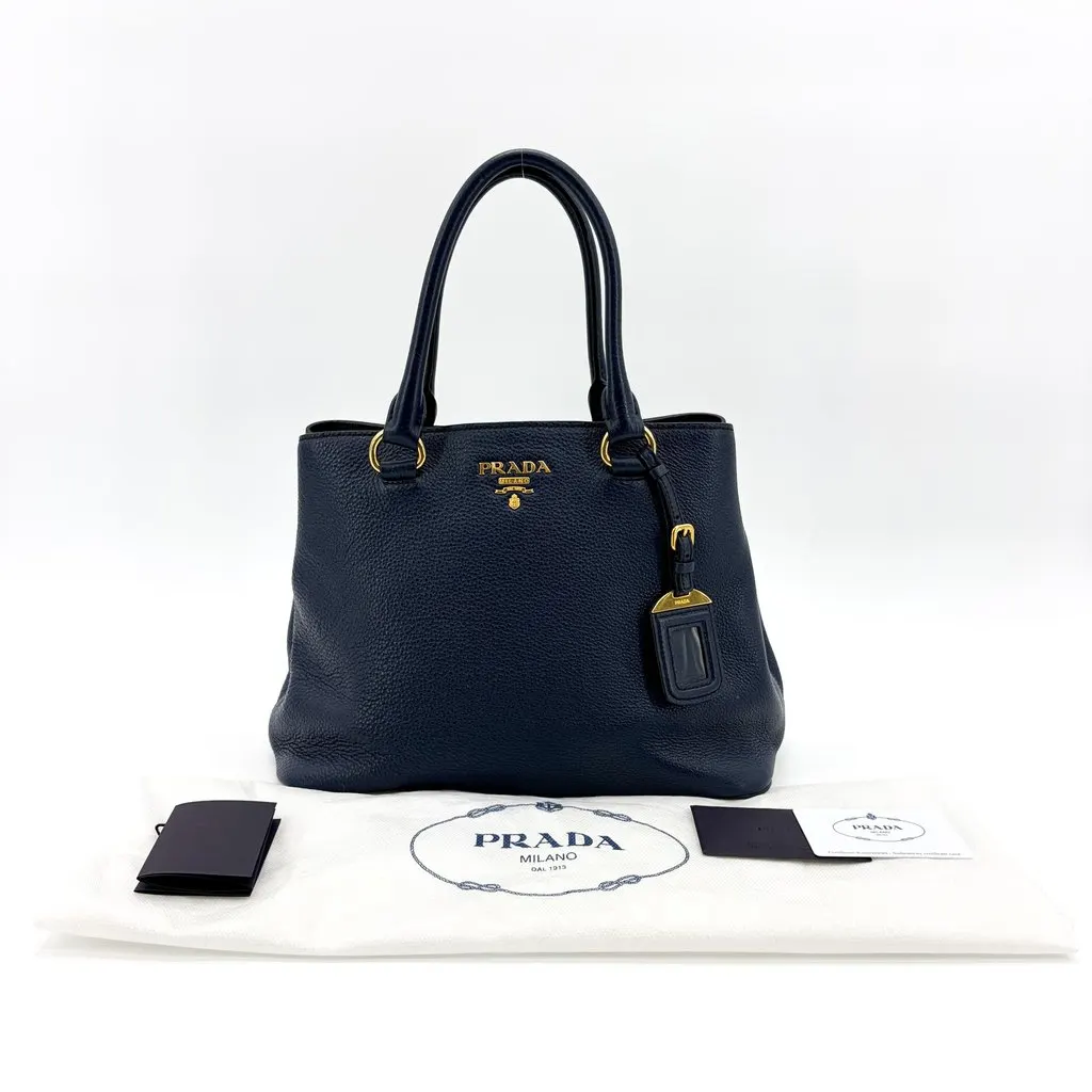 Prada Vitello Phoenix Tote Bag Baltico Gold Hardware Navy Leather Good - Back View