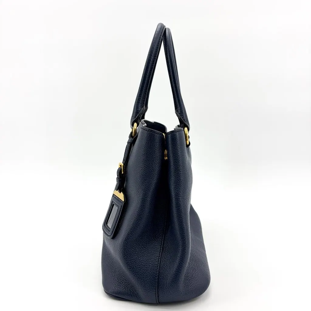 Prada Vitello Phoenix Tote Bag Baltico Gold Hardware Navy Leather Good - Model View