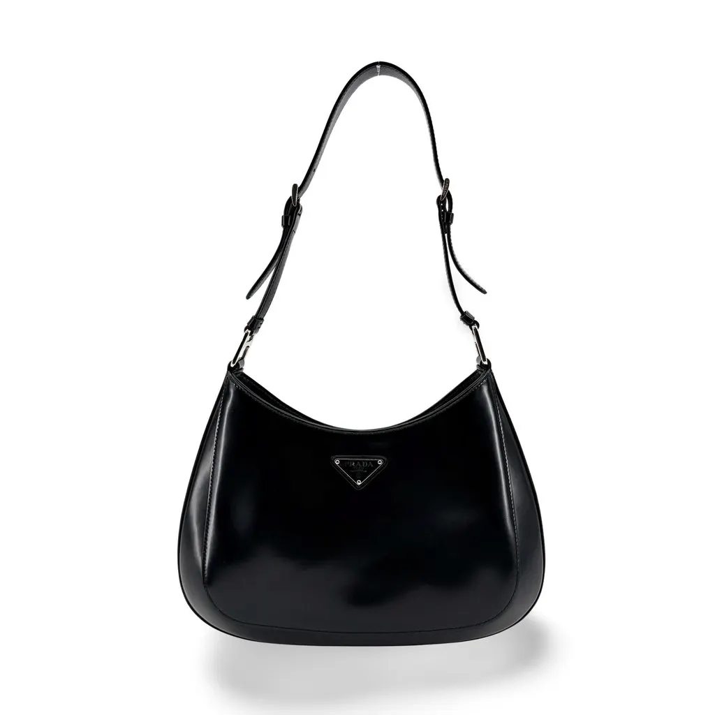 Prada Cleo Brushed Leather Shoulder Bag Black Black Leather Very good - Front View