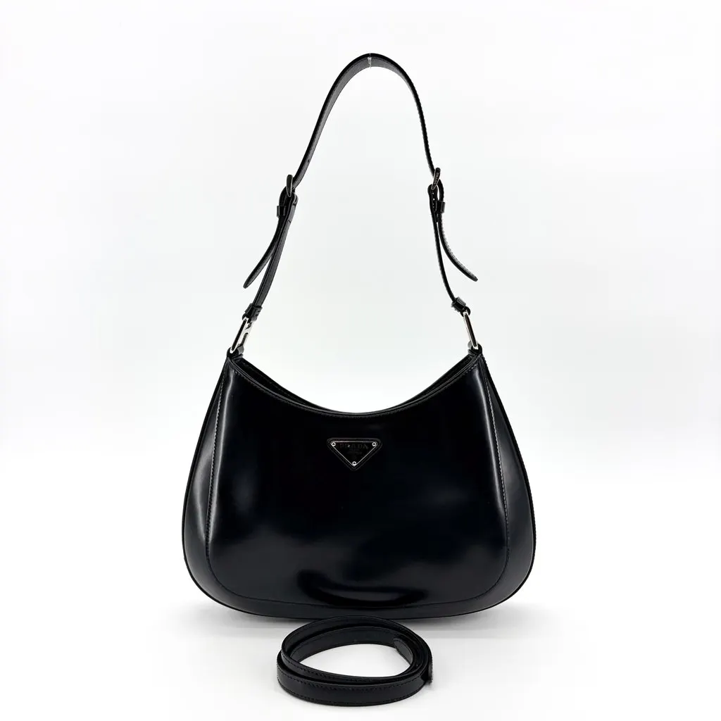 Prada Cleo Brushed Leather Shoulder Bag Black Black Leather Very good - Back View