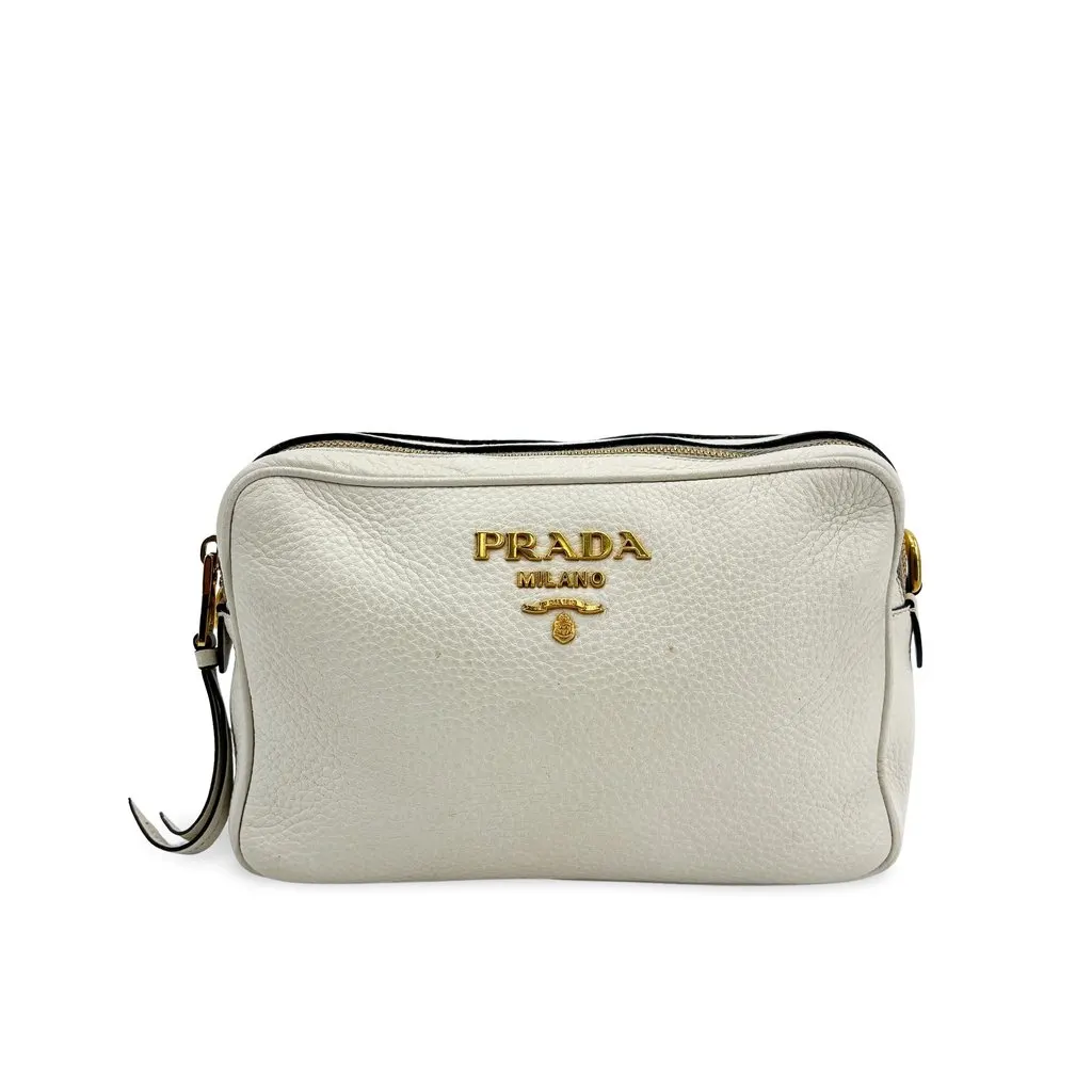 Prada Vitello Phenix Leather Camera Bag White Gold Hardware White Leather Good - Front View