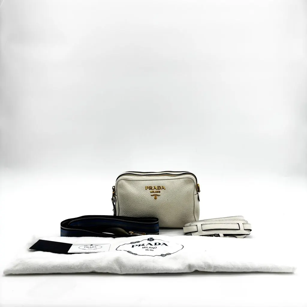 Prada Vitello Phenix Leather Camera Bag White Gold Hardware White Leather Good - Back View