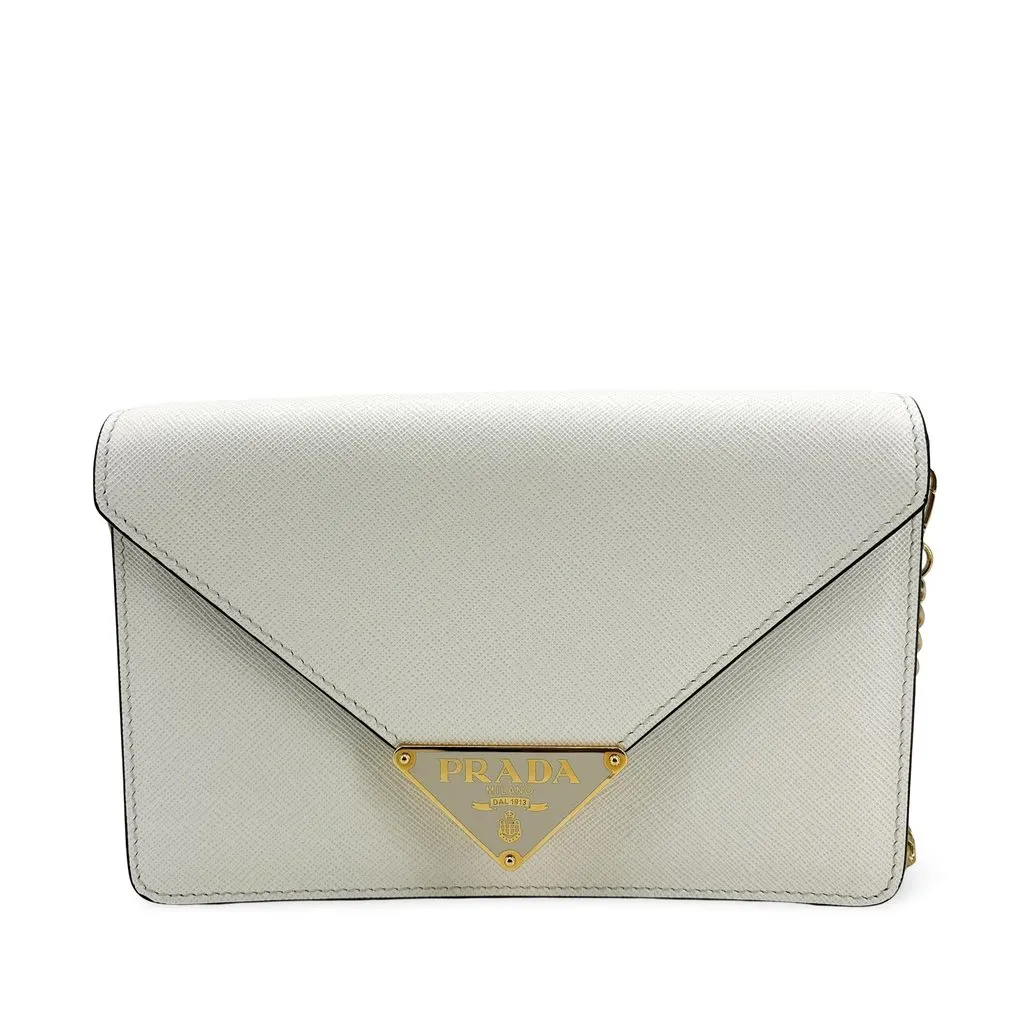 Prada Saffiano Envelope Chain Shoulder Bag White Gold Leather Good - Front View