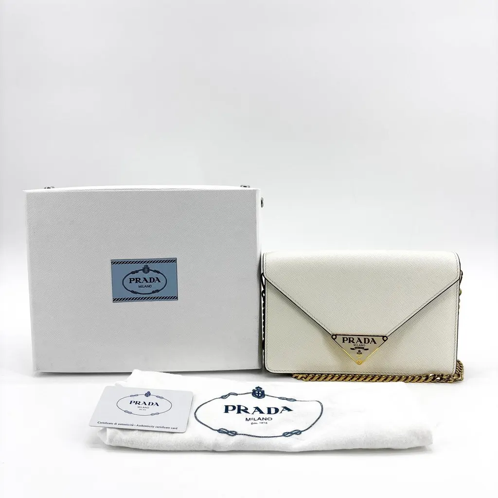 Prada Saffiano Envelope Chain Shoulder Bag White Gold Leather Good - Back View