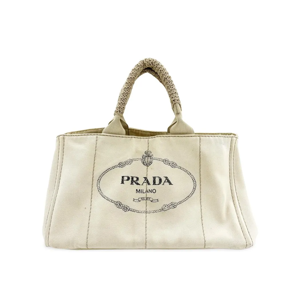 Prada Canapa Crochet Handle Canvas Mini Tote Bag Beige Beige Canvas Fair - Front View