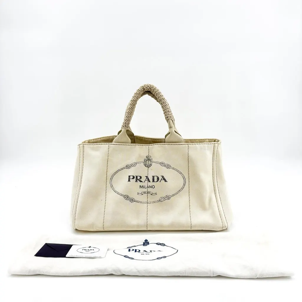 Prada Canapa Crochet Handle Canvas Mini Tote Bag Beige Beige Canvas Fair - Back View