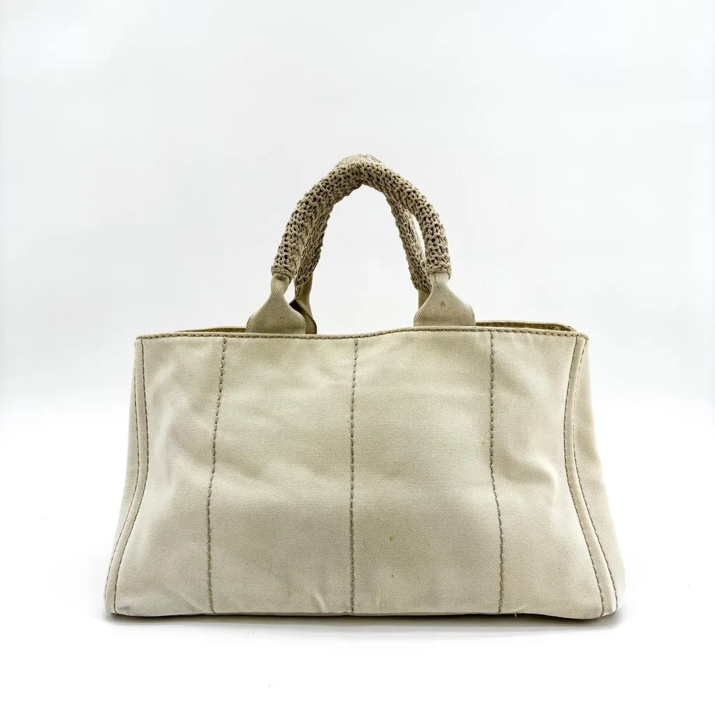 Prada Canapa Crochet Handle Canvas Mini Tote Bag Beige Beige Canvas Fair - Inside View