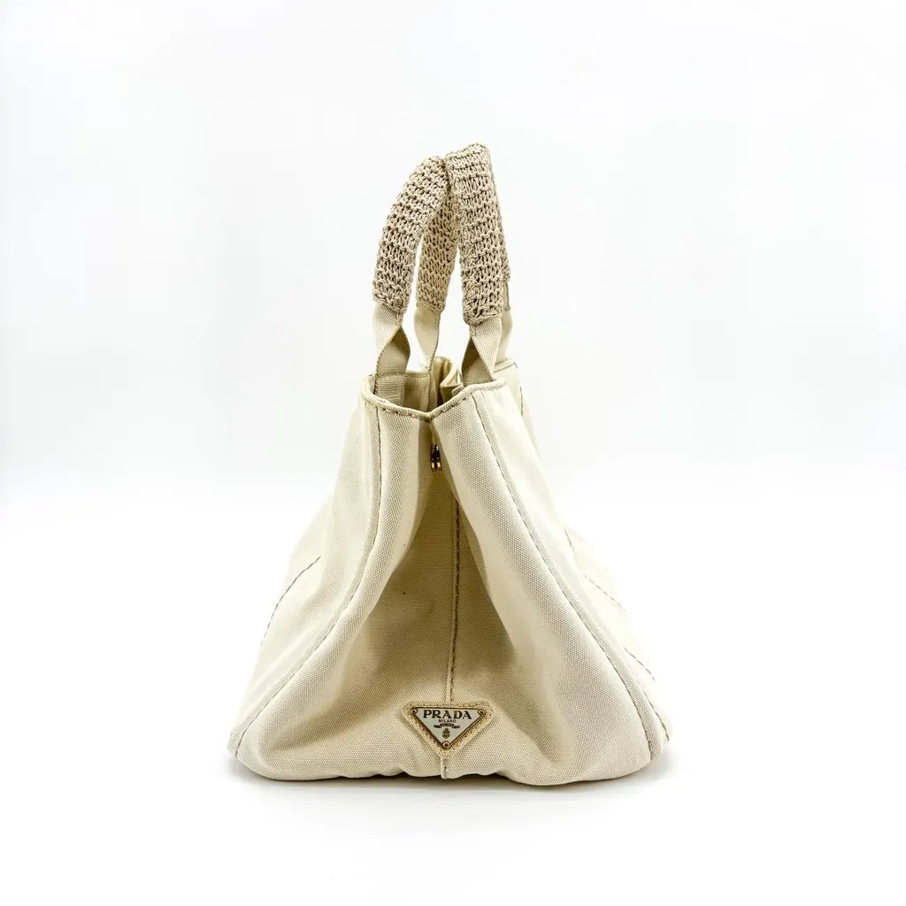 Prada Canapa Crochet Handle Canvas Mini Tote Bag Beige Beige Canvas Fair - Box View