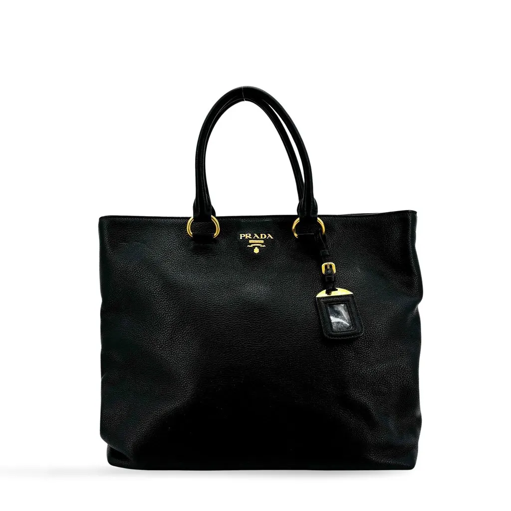 Prada Vitello Daino Leather Tote Bag Black Gold Hardware Black Leather Good - Front View