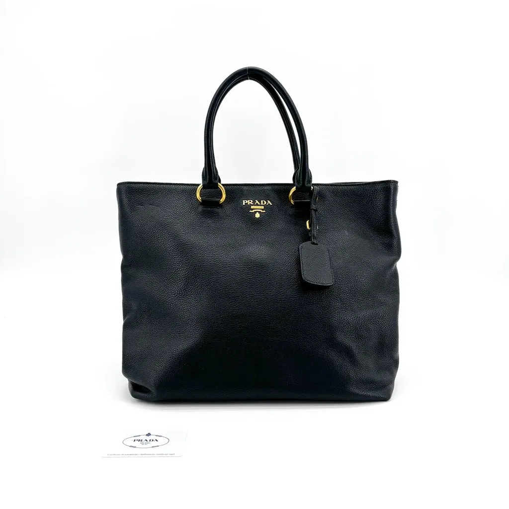 Prada Vitello Daino Leather Tote Bag Black Gold Hardware Black Leather Good - Back View