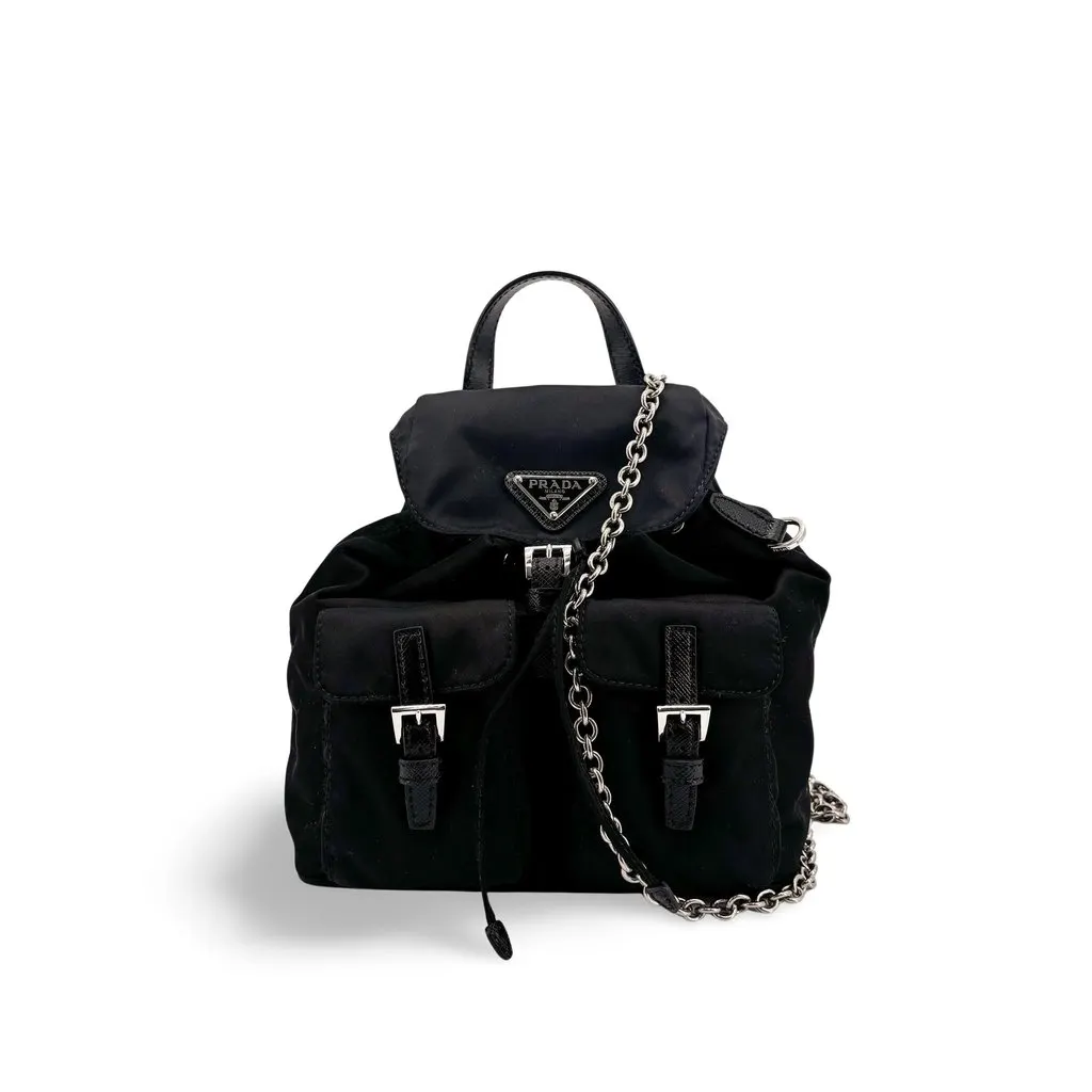Prada Nylon Mini Chain Backpack Black Black Polyamide Good - Front View