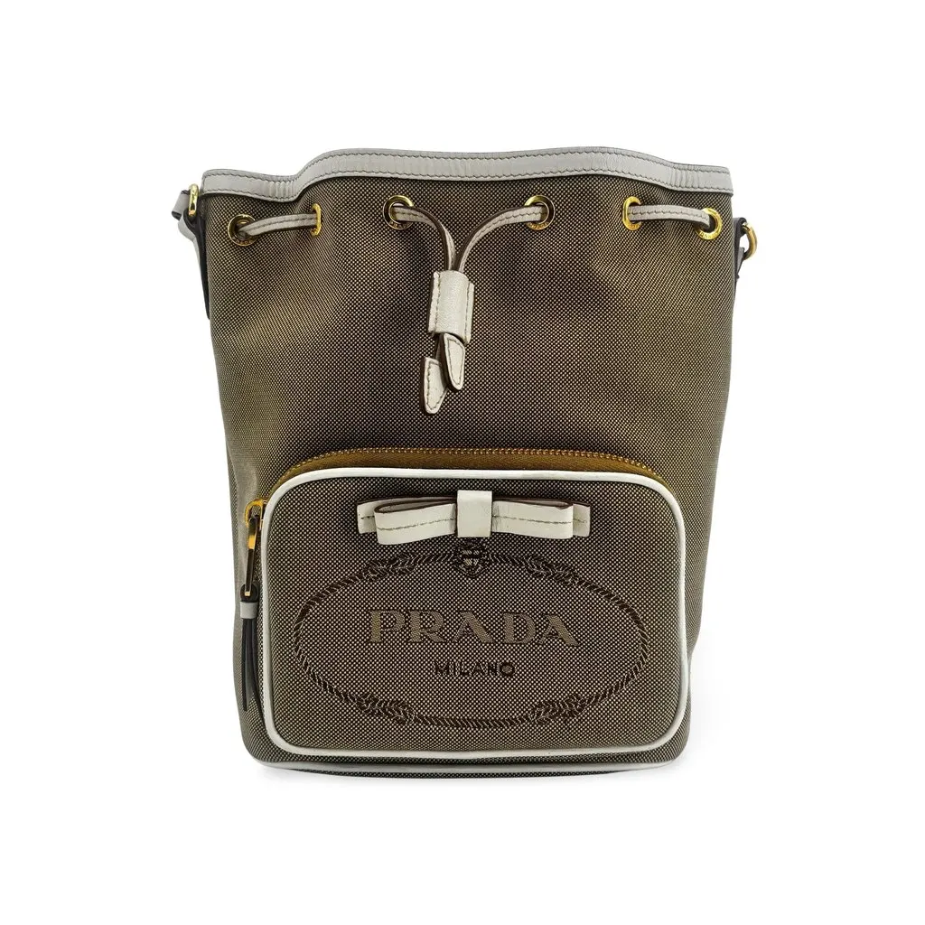 Prada Logo Jacquard Ribbon Canvas Bucket Bag Brown White Beige Canvas Fair - Front View