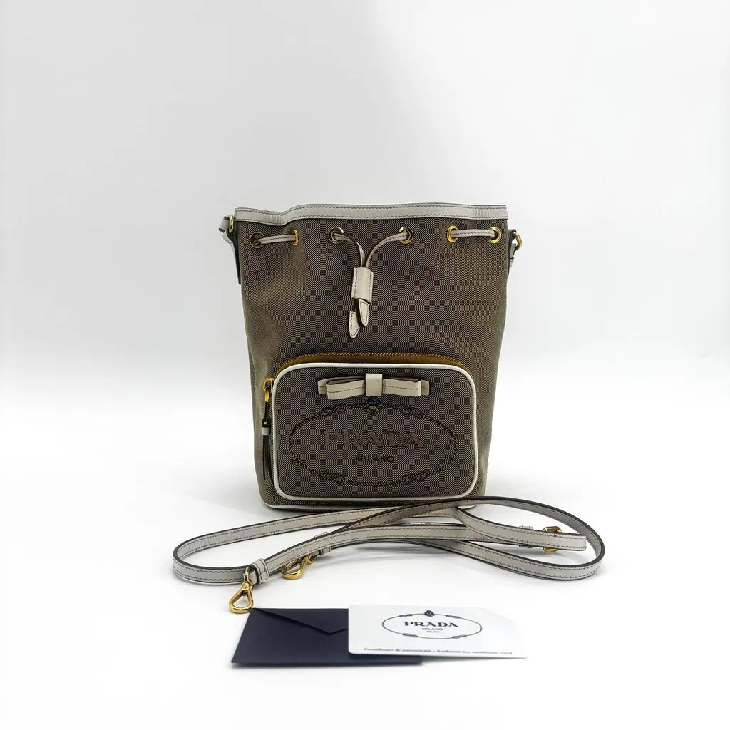 Prada Logo Jacquard Ribbon Canvas Bucket Bag Brown White Beige Canvas Fair - Back View