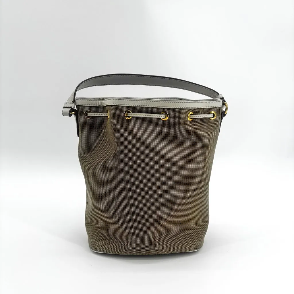 Prada Logo Jacquard Ribbon Canvas Bucket Bag Brown White Beige Canvas Fair - Inside View