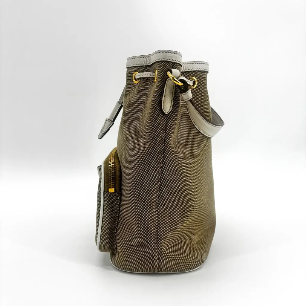 Prada Logo Jacquard Ribbon Canvas Bucket Bag Brown White Beige Canvas Fair - Model View