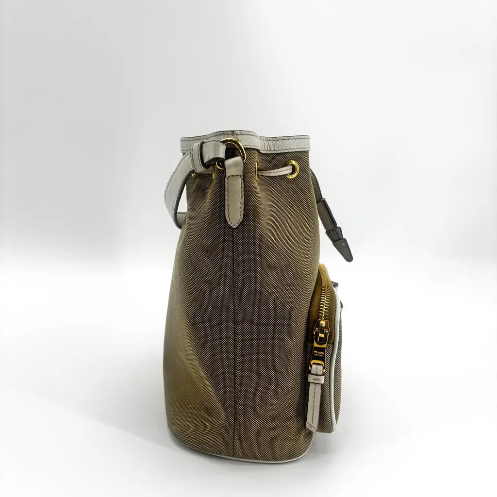 Prada Logo Jacquard Ribbon Canvas Bucket Bag Brown White Beige Canvas Fair - Box View