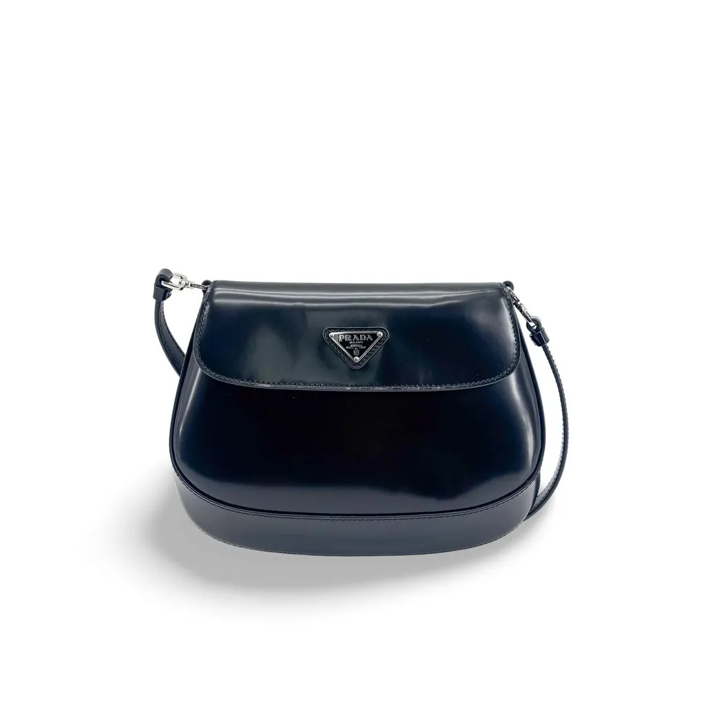 Prada Cleo Brushed Leather Flap Shoulder Bag Black Black Leather Very good - Front View