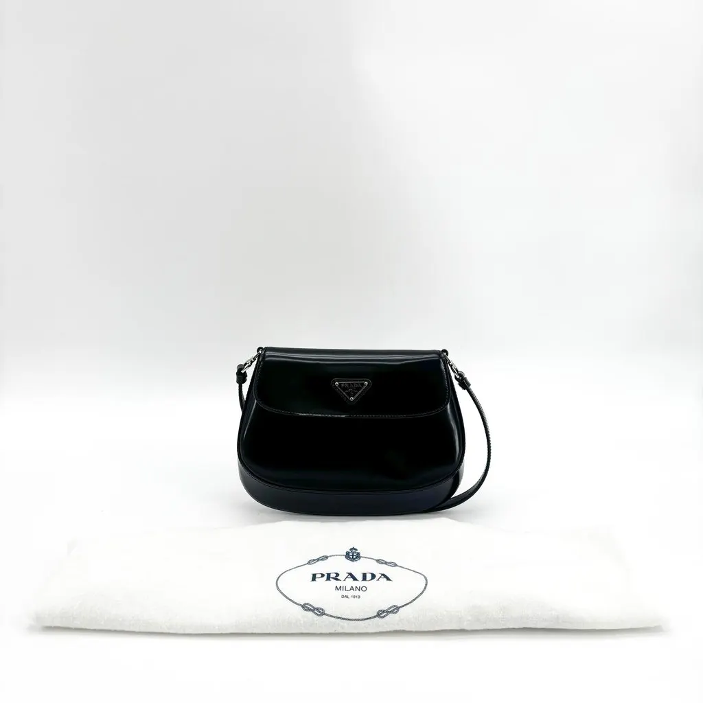 Prada Cleo Brushed Leather Flap Shoulder Bag Black Black Leather Very good - Back View