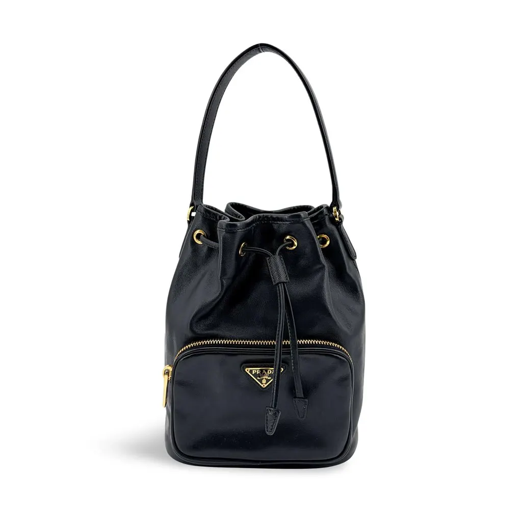 Prada Leather Bucket Bag Black Gold Hardware Black Leather Good - Front View