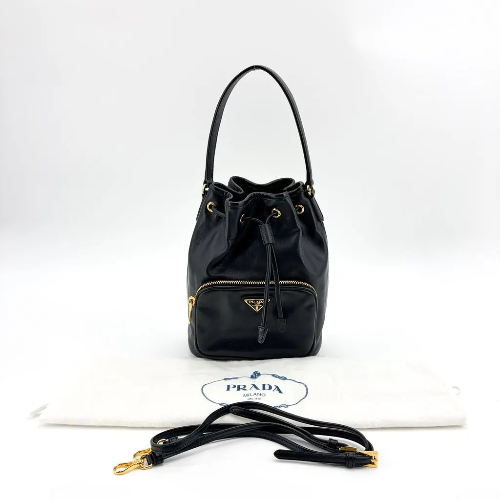 Prada Leather Bucket Bag Black Gold Hardware Black Leather Good - Back View