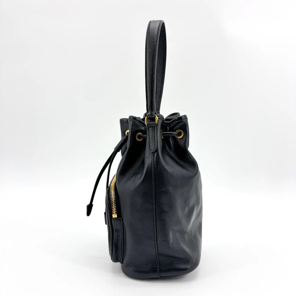 Prada Leather Bucket Bag Black Gold Hardware Black Leather Good - Model View