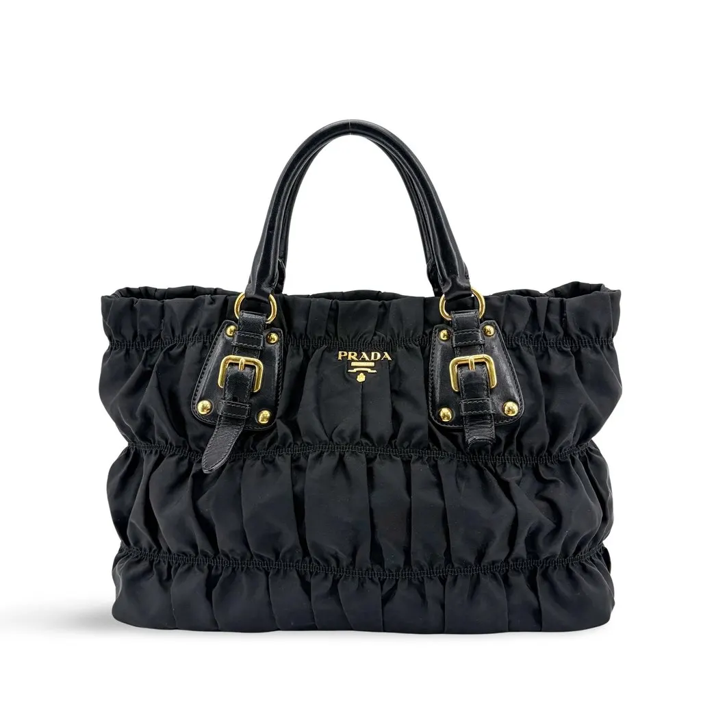Prada Tessuto Gaufre Shirred Tote Bag Black Black Polyamide Good - Front View