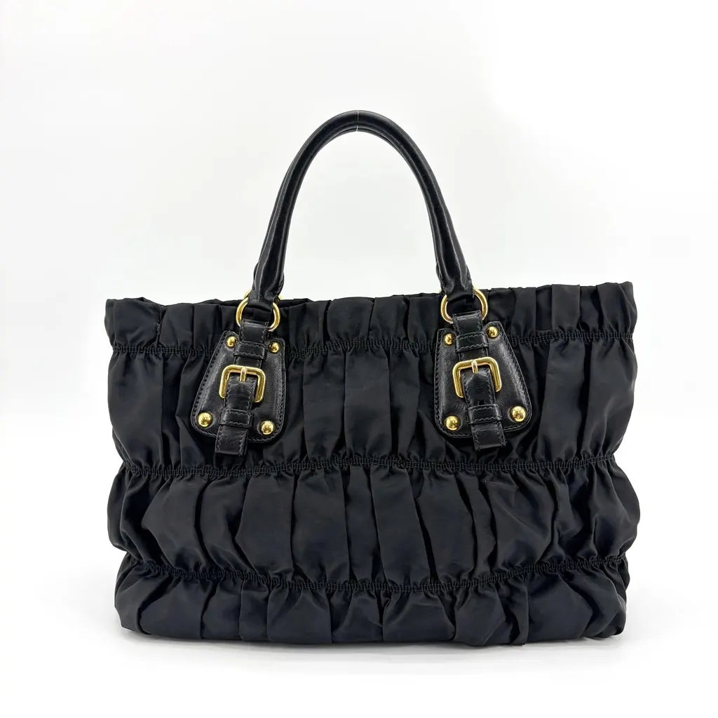 Prada Tessuto Gaufre Shirred Tote Bag Black Black Polyamide Good - Back View