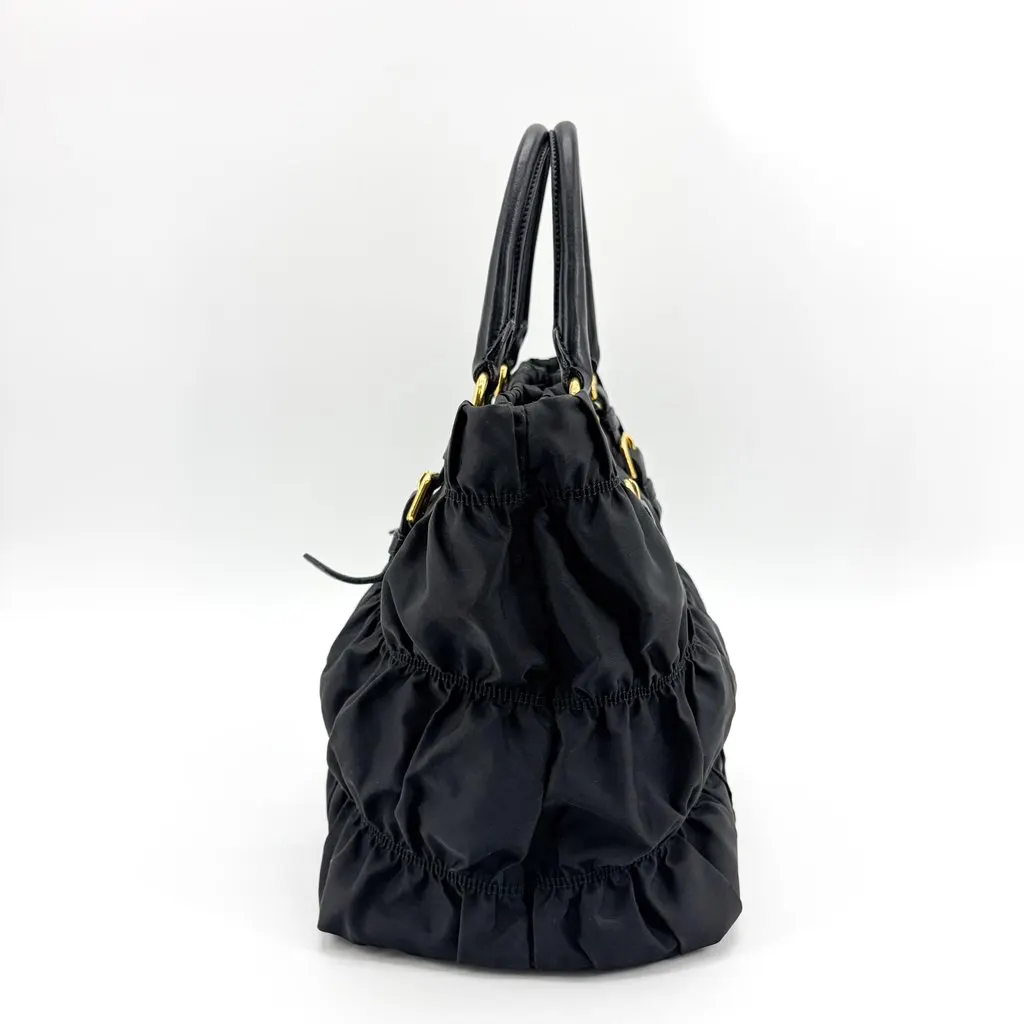 Prada Tessuto Gaufre Shirred Tote Bag Black Black Polyamide Good - Inside View